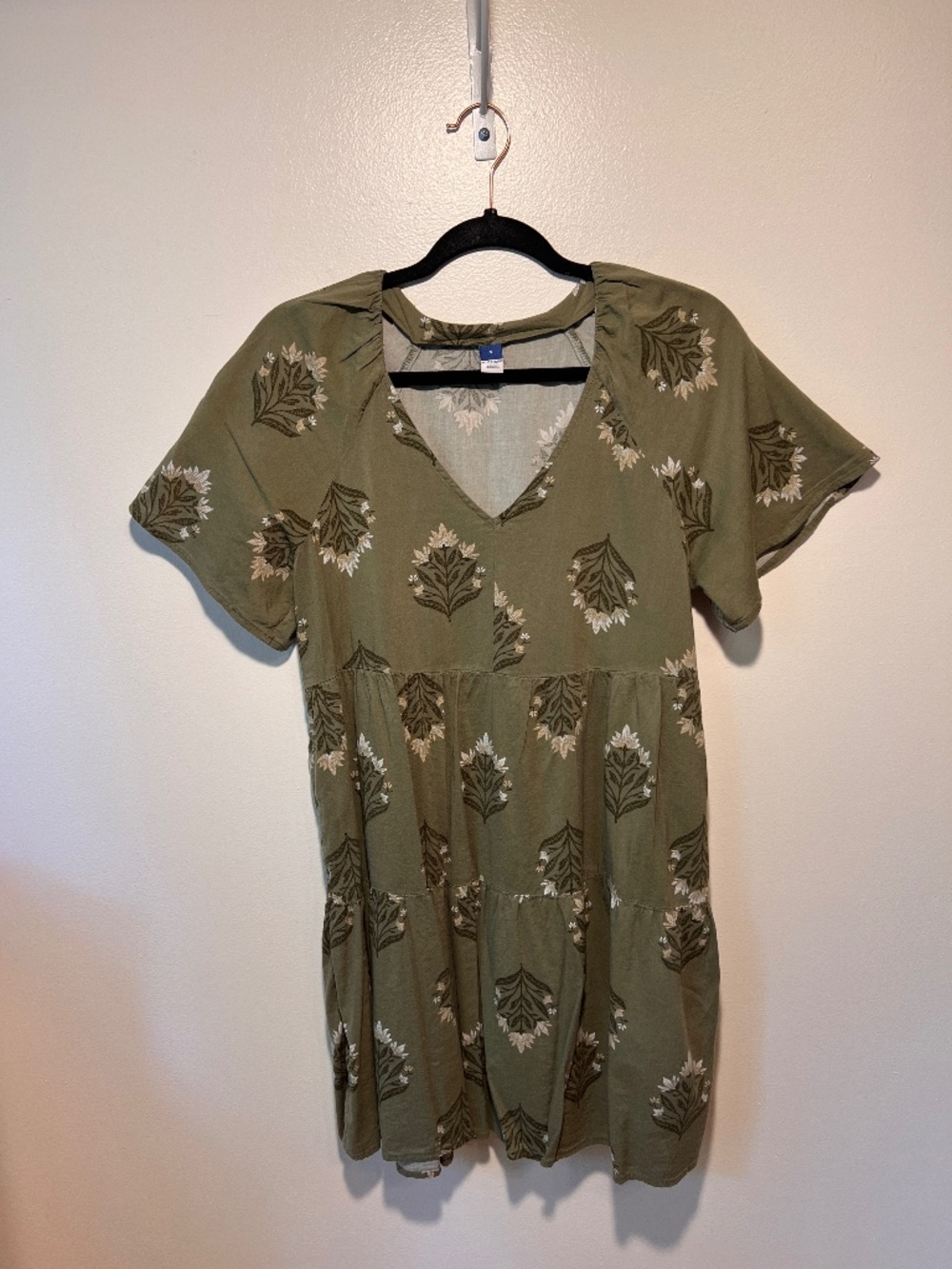 Old Navy Olive Green & Floral Tiered Mini Swing V-Neck Dress | Size S